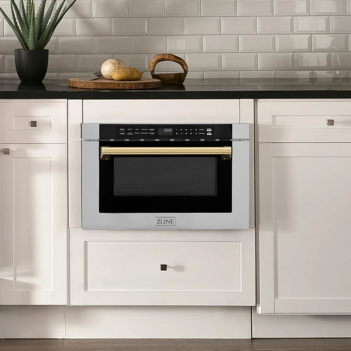 ZLINE MWDZ-1-H-G 24 in Built-In Microwave Drawer, 1.2 Cu. Ft., Stainless Steel, Polished Gold Accents