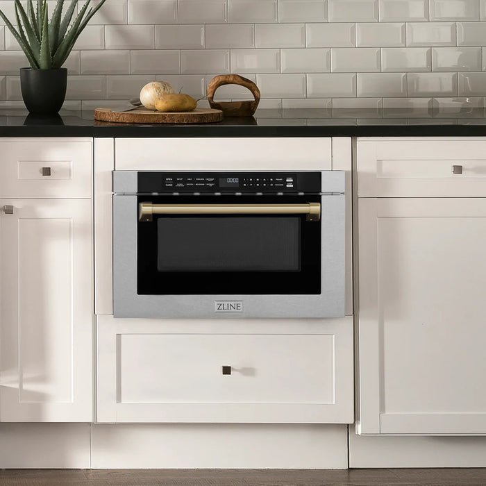 ZLINE MWDZ-1-SS-H-CB 24 in Built-In Microwave Drawer, 1.2 Cu. Ft., Fingerprint Resistant Stainless Steel, Champagne Bronze Accents