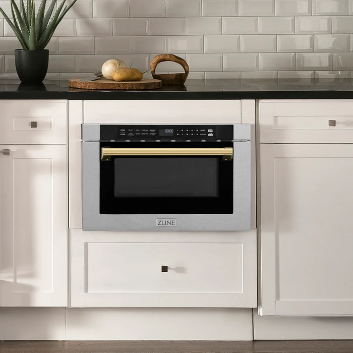ZLINE MWDZ-1-SS-H-G 24 in Built-In Microwave Drawer, 1.2 Cu. Ft., Fingerprint Resistant Stainless Steel, Polished Gold Accents