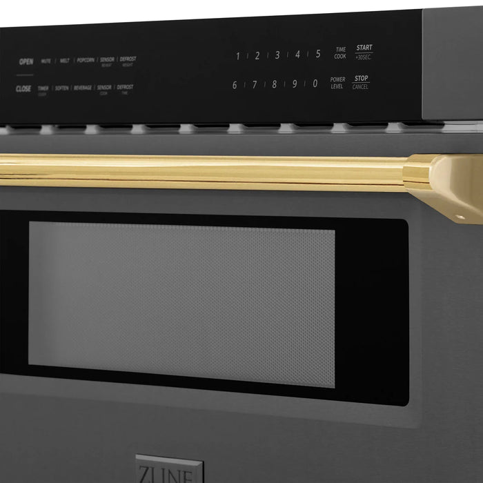 ZLINE MWDZ-30-BS-G 30 in Built-In Microwave Drawer, 1.2 Cu. Ft., Black Stainless Steel, Polished Gold Accents
