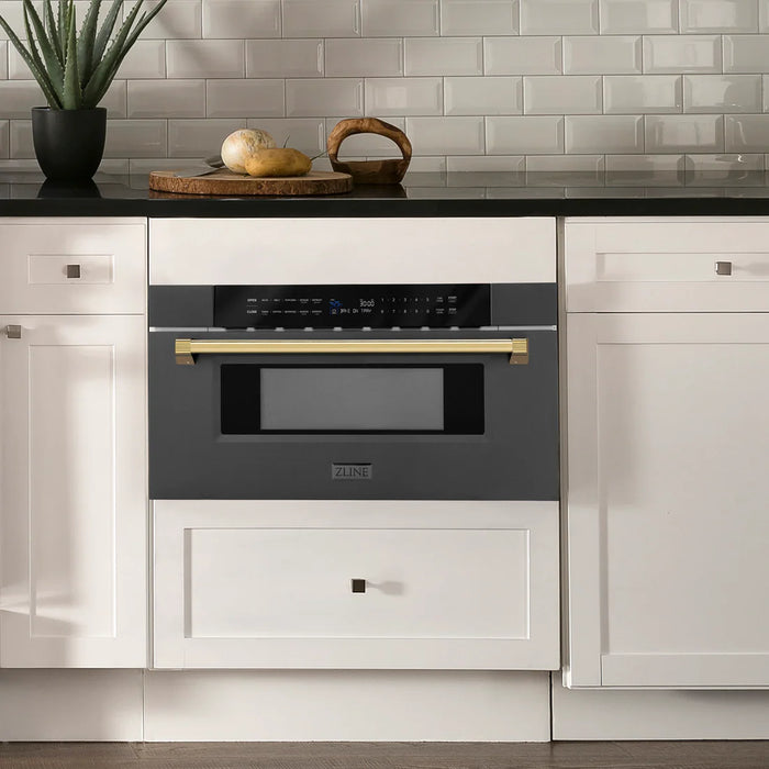 ZLINE MWDZ-30-BS-G 30 in Built-In Microwave Drawer, 1.2 Cu. Ft., Black Stainless Steel, Polished Gold Accents