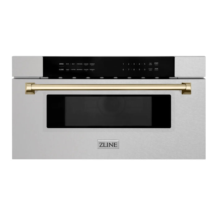 ZLINE MWDZ-30-SS-G 30 in Built-In Microwave Drawer, 1.2 Cu. Ft., Fingerprint Resistant Stainless Steel, Polished Gold Accents